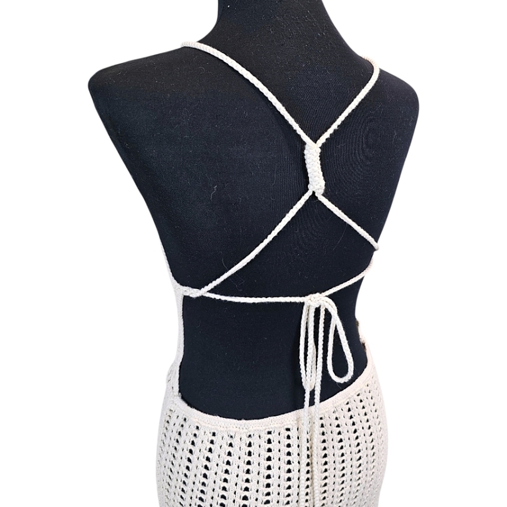 Forever 21 Ivory Crochet Knit Midi Dress Small Boho Chic Resort Beach Cover Up - Picture 11 of 12